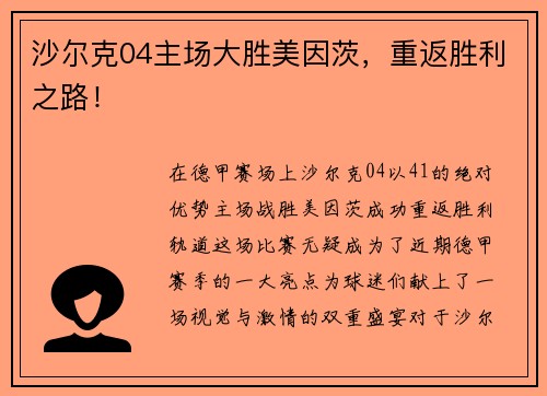 沙尔克04主场大胜美因茨，重返胜利之路！